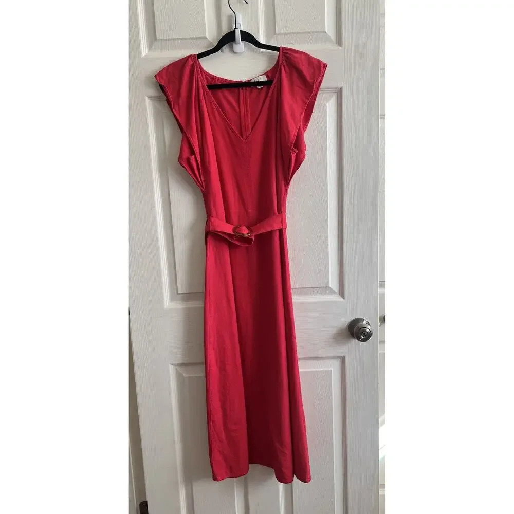 ANN TAYLOR LOFT 2024 Cherry Red Linen Blend Belted Flutter Sleeve Midi Dress 10 - Picture 12 of 14